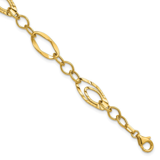 14K Yellow Gold Polished And Wavy Textured Fancy Link Bracelet