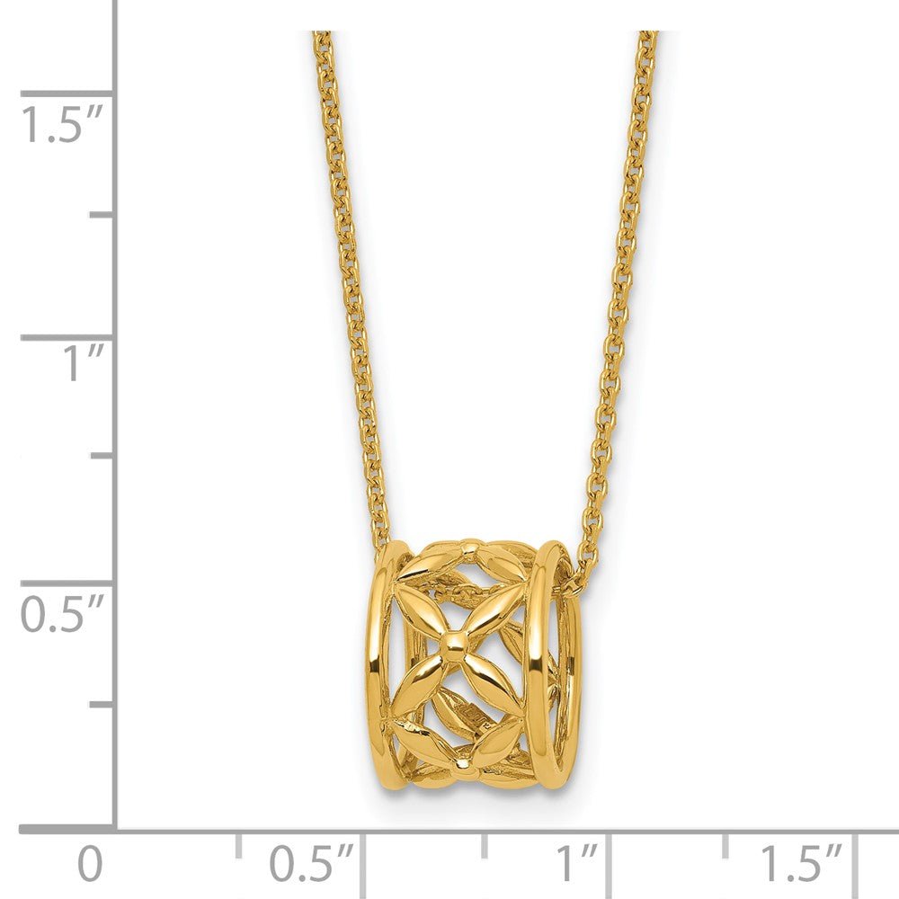14K Yellow Gold Polished Floral Bead With 1 Inch Ext. Necklace