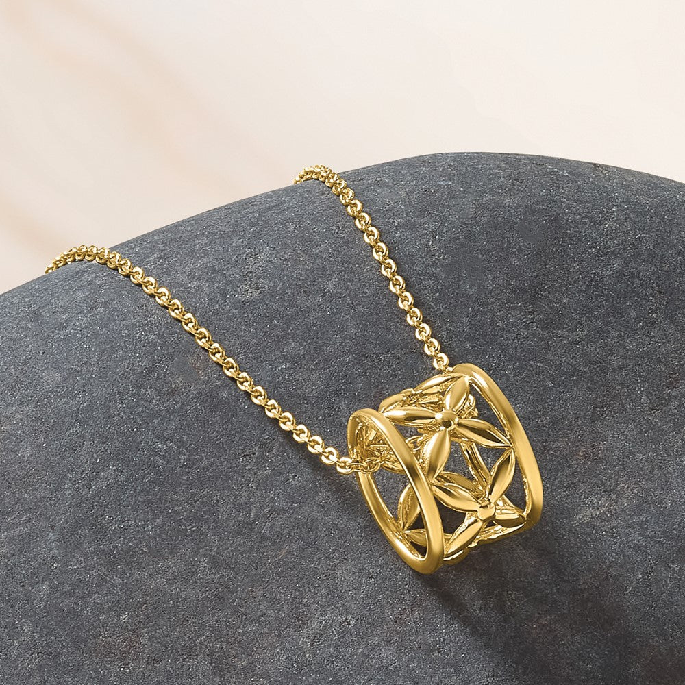 14K Yellow Gold Polished Floral Bead With 1 Inch Ext. Necklace