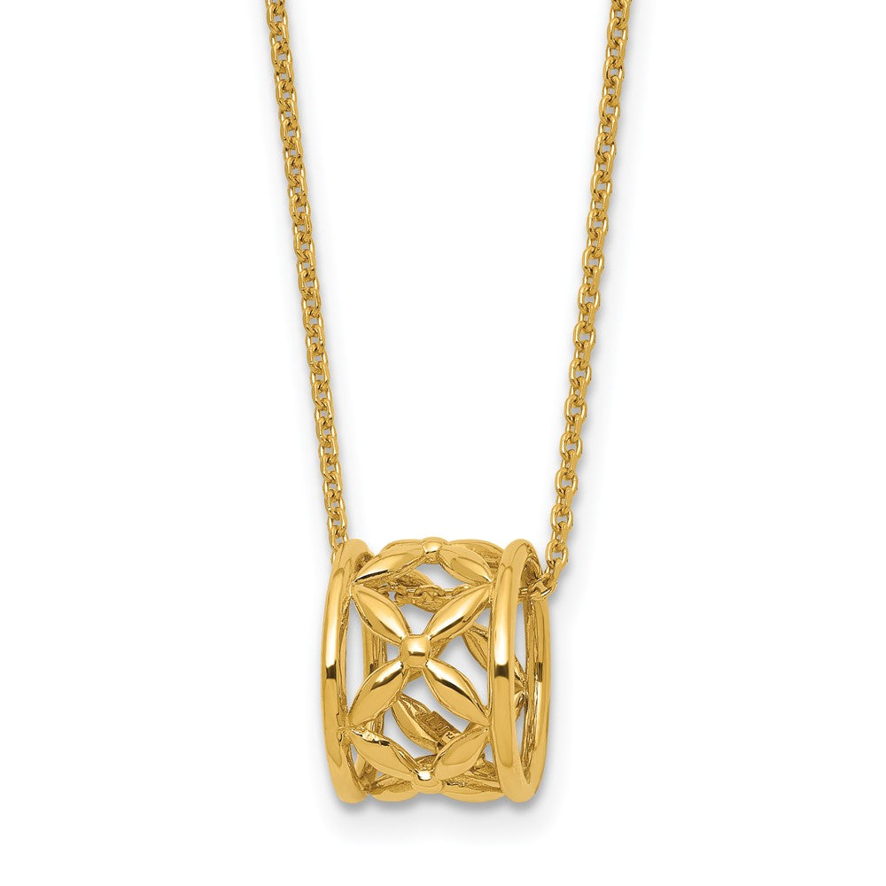 14K Yellow Gold Polished Floral Bead With 1 Inch Ext. Necklace