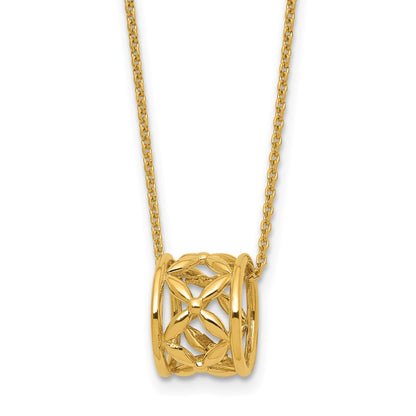 14K Yellow Gold Polished Floral Bead With 1 Inch Ext. Necklace