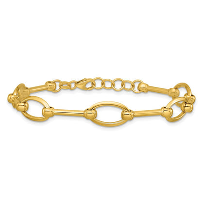 14K Yellow Gold Polished Bar And Oval Link W/ .5In Ext. Bracelet
