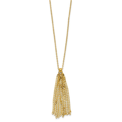 14K Yellow Gold Polished Fancy Curb Link Tassel W/ 2In Ext. Necklace