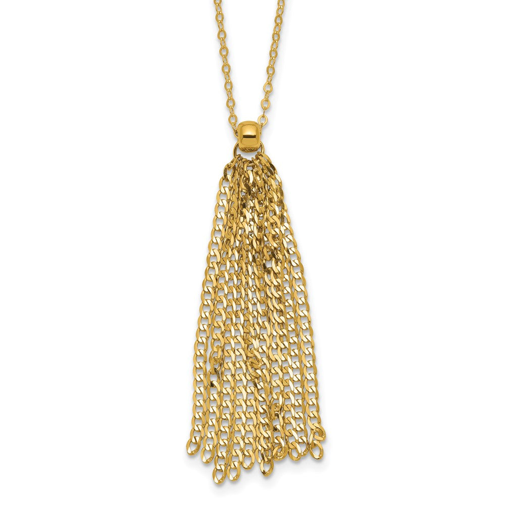 14K Yellow Gold Polished Fancy Curb Link Tassel W/ 2In Ext. Necklace