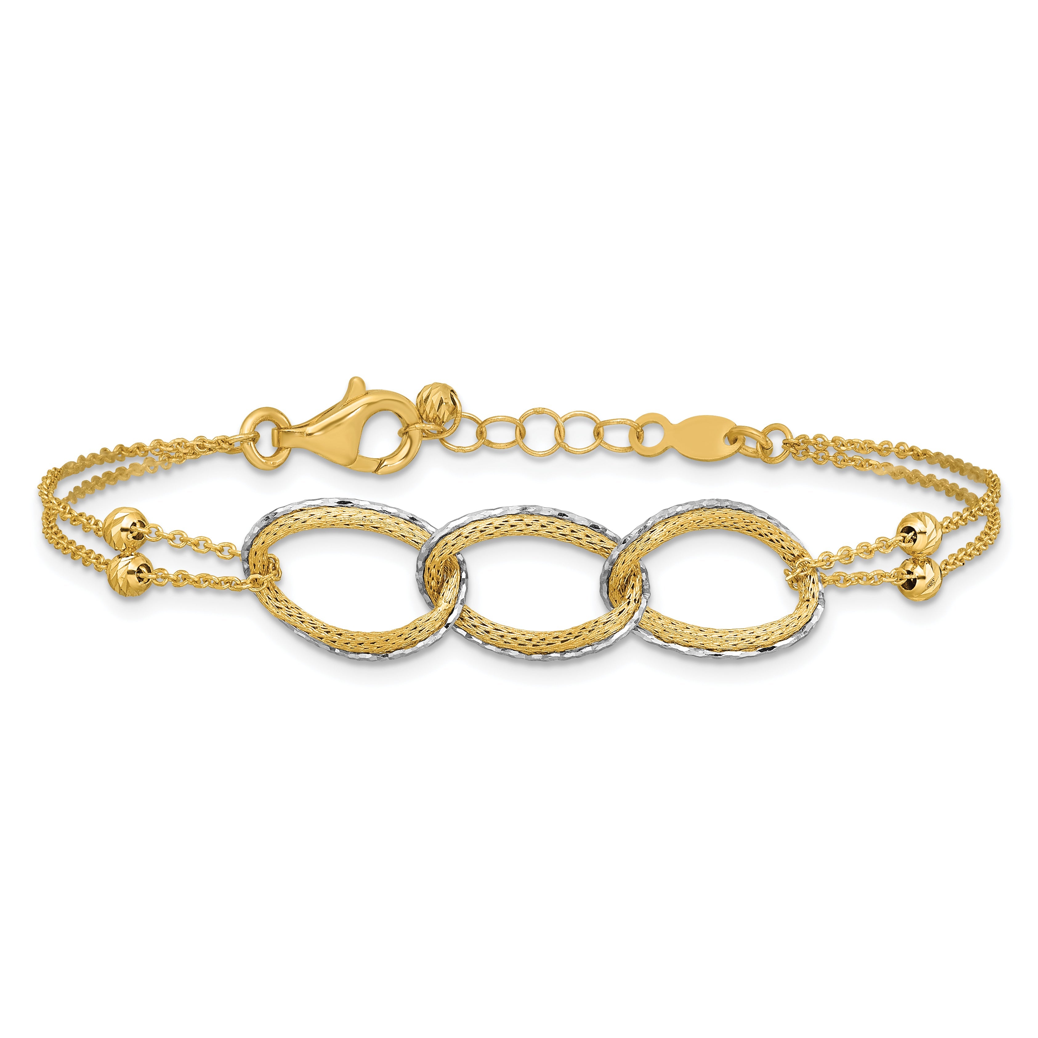 14K Two Tone 14Ktt Pol/Texture/Dia Cut 2 Strand Oval W/.5In Ext. Bracelet