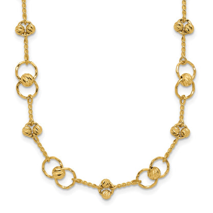 14K Yellow Gold Polished/Dia Cut Twisted Circles W/ 1In Ext. Necklace