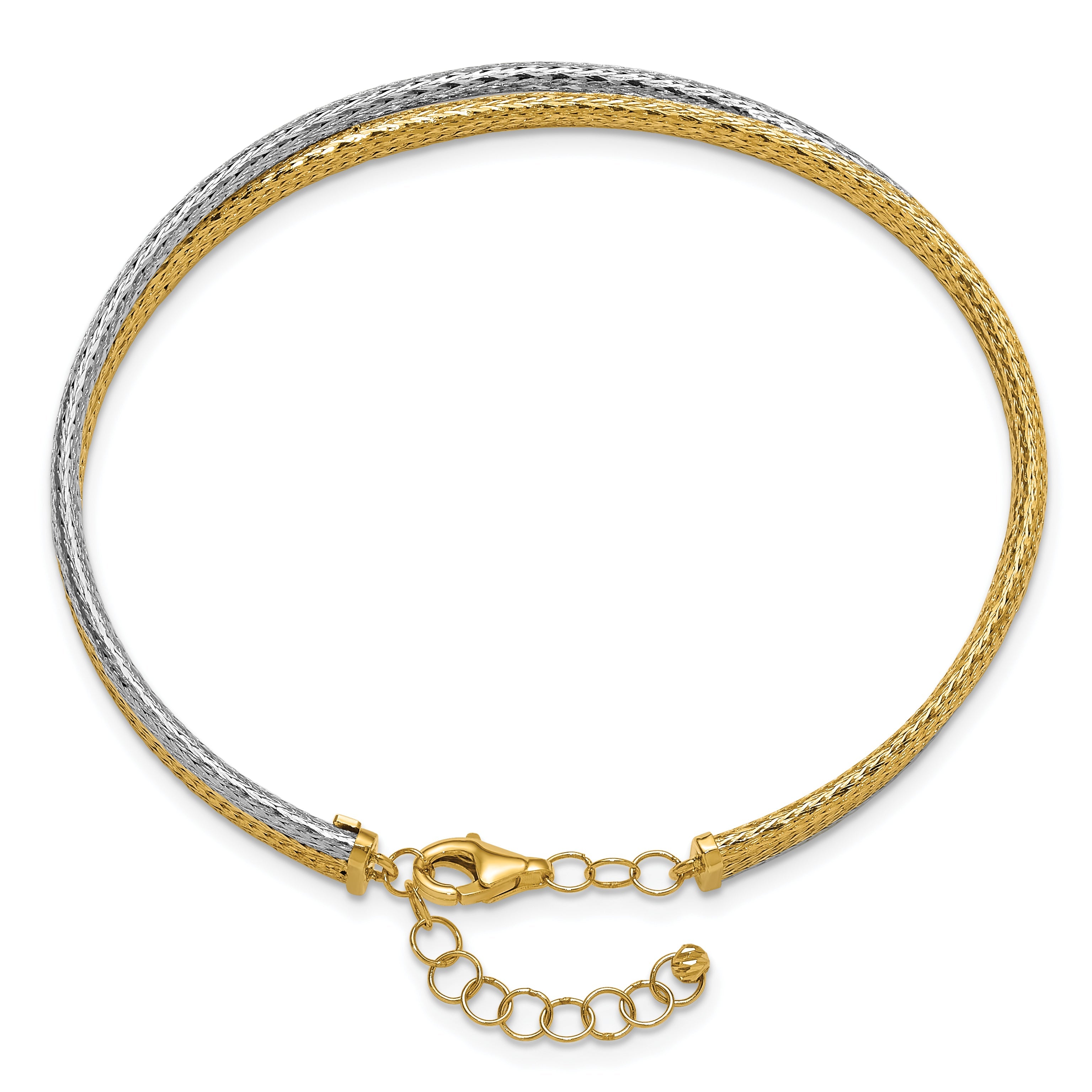 14K Two Tone 14Ktt Polished & Textured Fancy 3 Wire W/ 1In Ext. Bangle