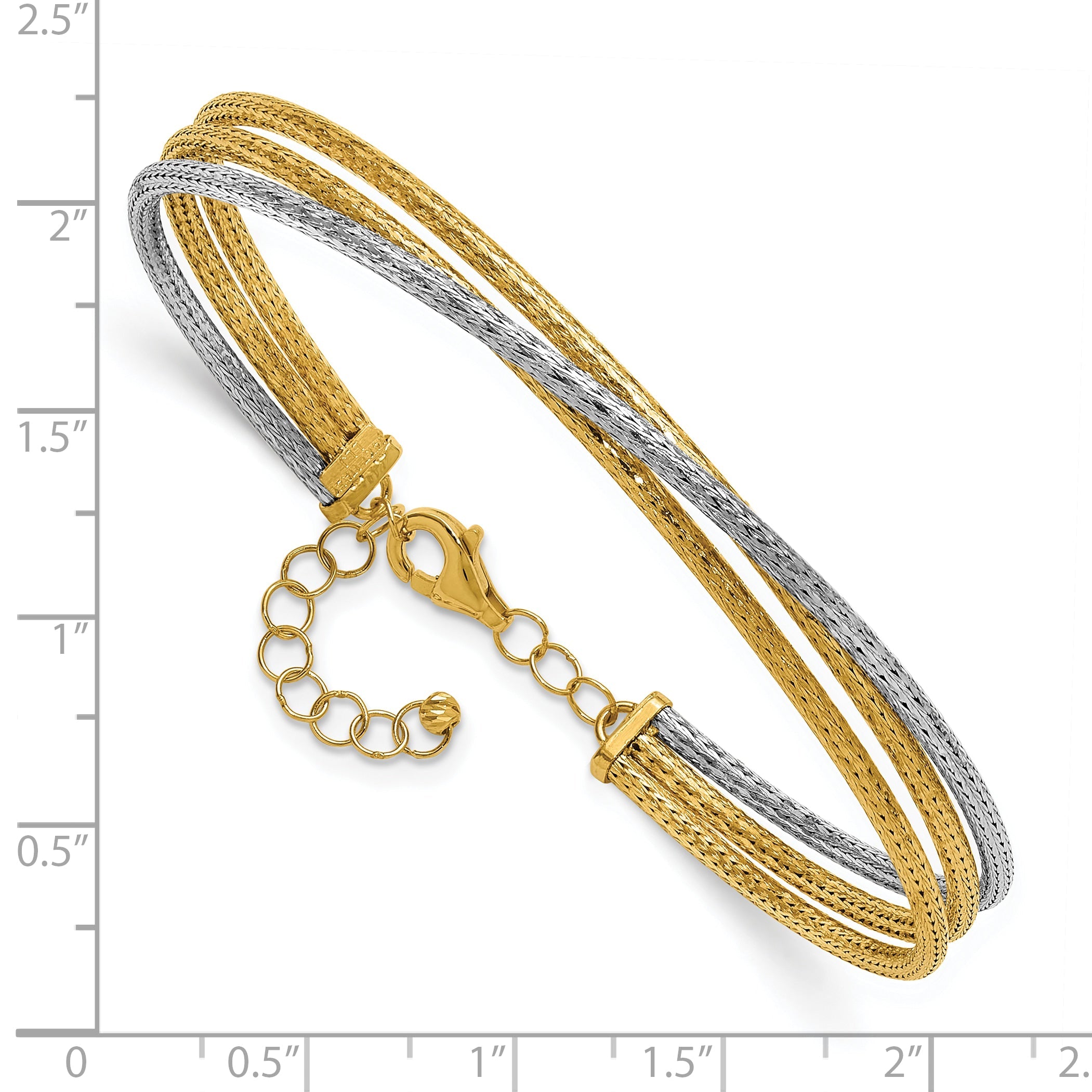 14K Two Tone 14Ktt Polished & Textured Fancy 3 Wire W/ 1In Ext. Bangle
