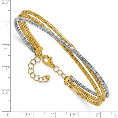 14K Two Tone 14Ktt Polished & Textured Fancy 3 Wire W/ 1In Ext. Bangle