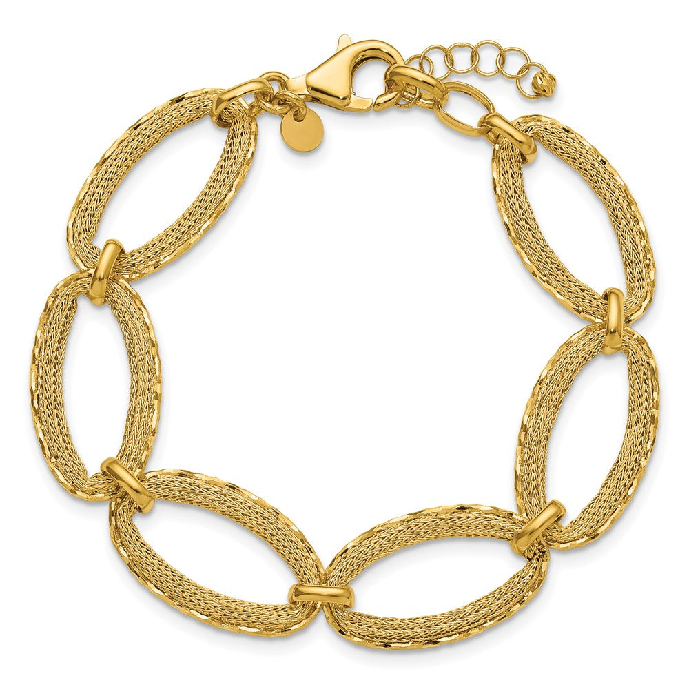 14K Yellow Gold Polished/Texture/Dia Cut Ovals 1In Ext. Bracelet