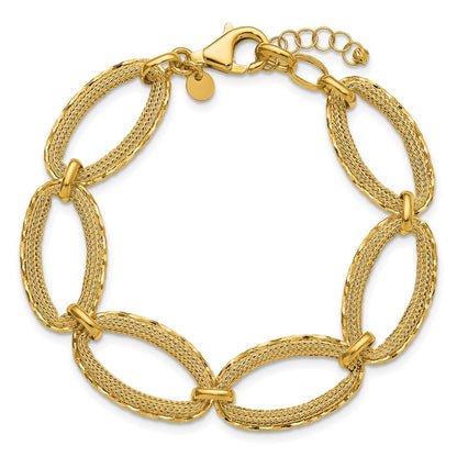 14K Yellow Gold Polished/Texture/Dia Cut Ovals 1In Ext. Bracelet