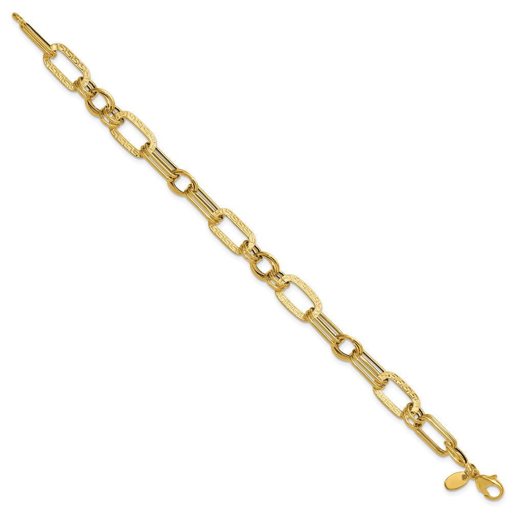 14K Yellow Gold Polished And Textured Fancy Greek Key Link Bracelet