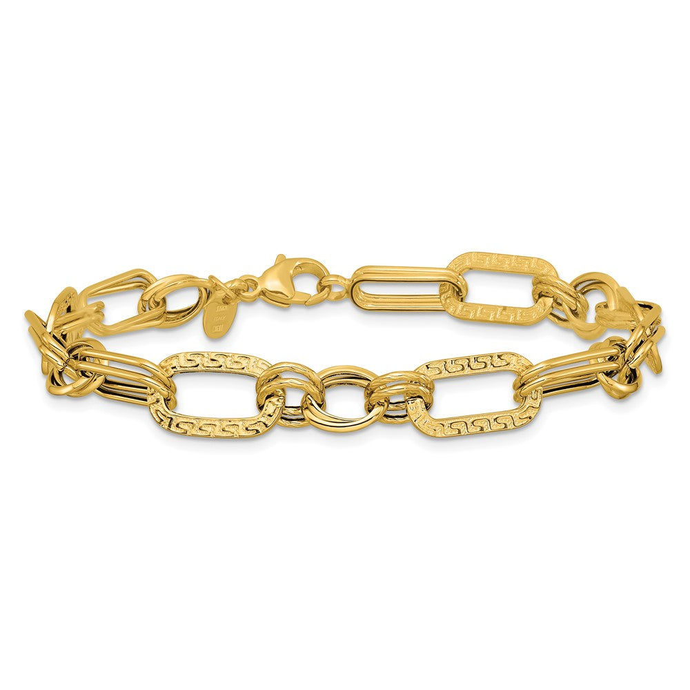 14K Yellow Gold Polished And Textured Fancy Greek Key Link Bracelet