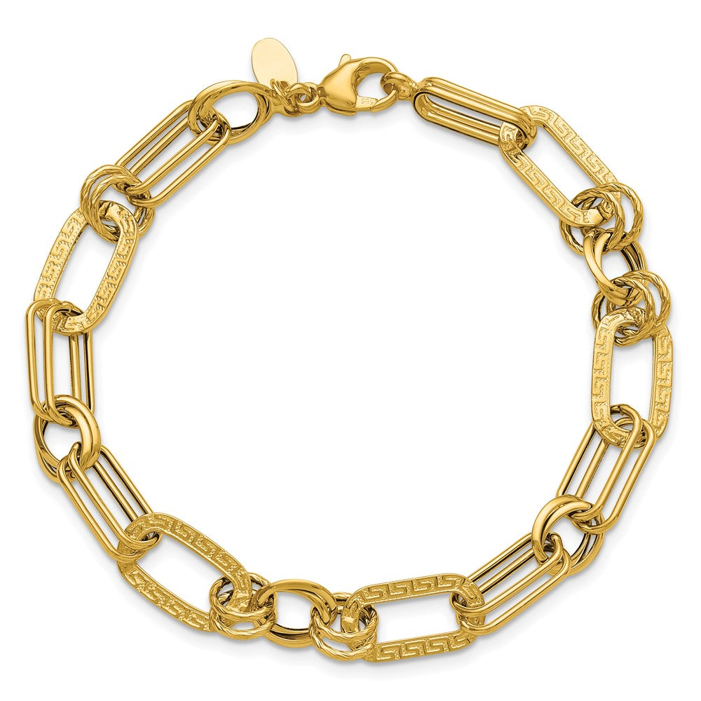 14K Yellow Gold Polished And Textured Fancy Greek Key Link Bracelet