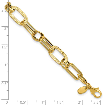14K Yellow Gold Polished And Textured Fancy Greek Key Link Bracelet