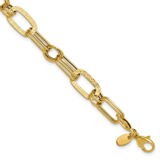 14K Yellow Gold Polished And Textured Fancy Greek Key Link Bracelet