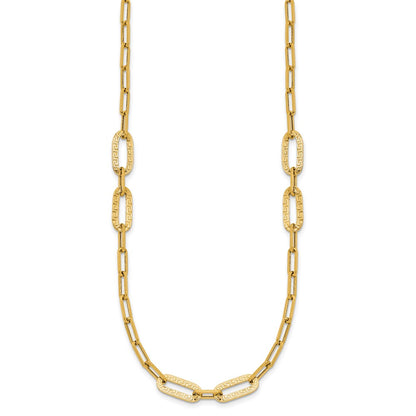 14K Yellow Gold Polished Textured Greek Key Paperclip Link Necklace