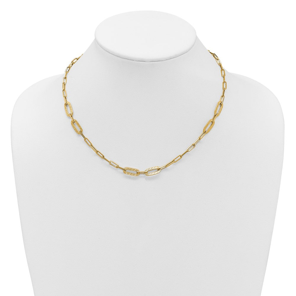 14K Yellow Gold Polished Textured Greek Key Paperclip Link Necklace