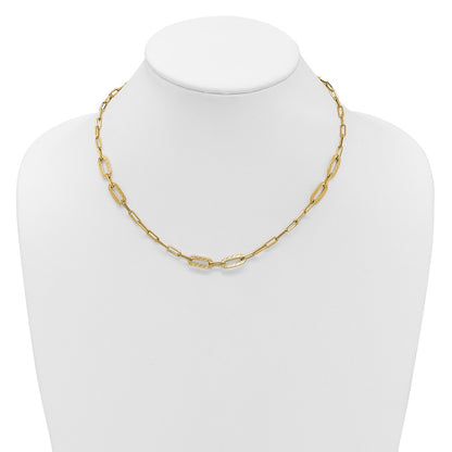 14K Yellow Gold Polished Textured Greek Key Paperclip Link Necklace