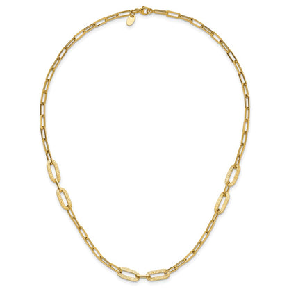 14K Yellow Gold Polished Textured Greek Key Paperclip Link Necklace