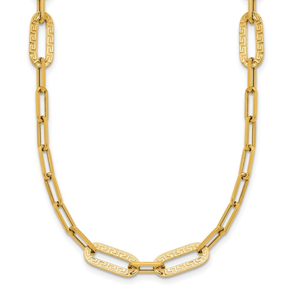 14K Yellow Gold Polished Textured Greek Key Paperclip Link Necklace