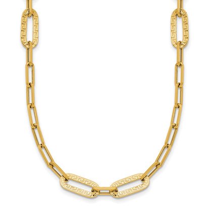 14K Yellow Gold Polished Textured Greek Key Paperclip Link Necklace