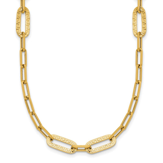 14K Yellow Gold Polished Textured Greek Key Paperclip Link Necklace