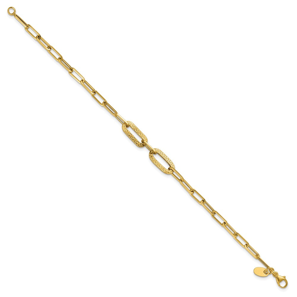 14K Yellow Gold Polished Textured Greek Key Paperclip Link Bracelet