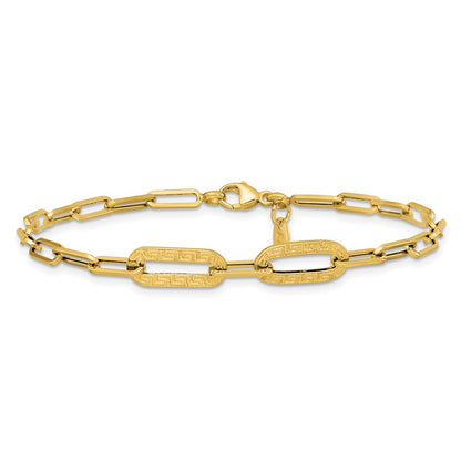 14K Yellow Gold Polished Textured Greek Key Paperclip Link Bracelet