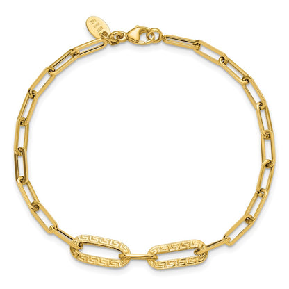14K Yellow Gold Polished Textured Greek Key Paperclip Link Bracelet