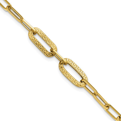 14K Yellow Gold Polished Textured Greek Key Paperclip Link Bracelet