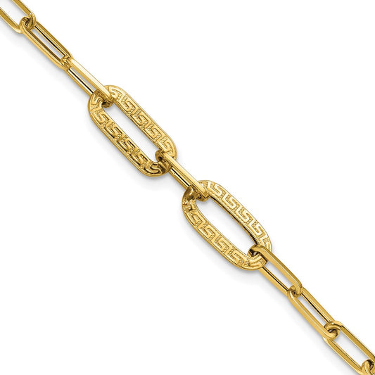 14K Yellow Gold Polished Textured Greek Key Paperclip Link Bracelet