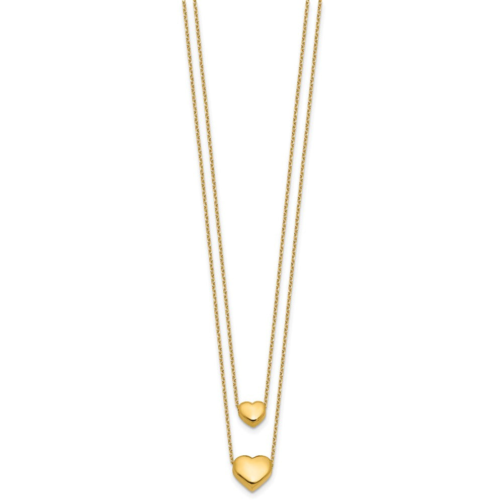 14K Yellow Gold Polished Two Strand Hearts With 1 Inch Ext. Necklace