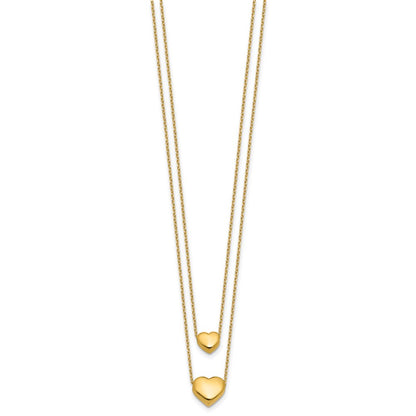 14K Yellow Gold Polished Two Strand Hearts With 1 Inch Ext. Necklace