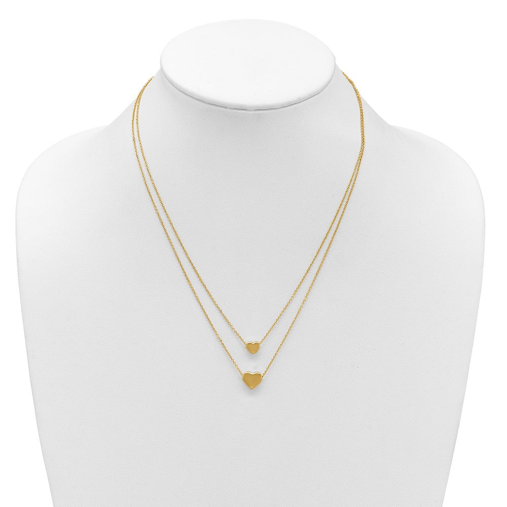 14K Yellow Gold Polished Two Strand Hearts With 1 Inch Ext. Necklace