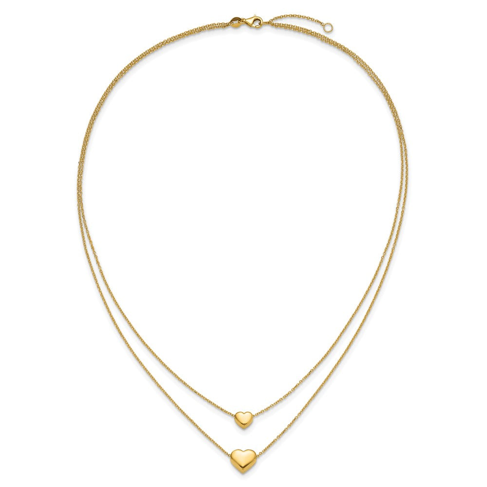 14K Yellow Gold Polished Two Strand Hearts With 1 Inch Ext. Necklace