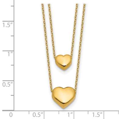 14K Yellow Gold Polished Two Strand Hearts With 1 Inch Ext. Necklace