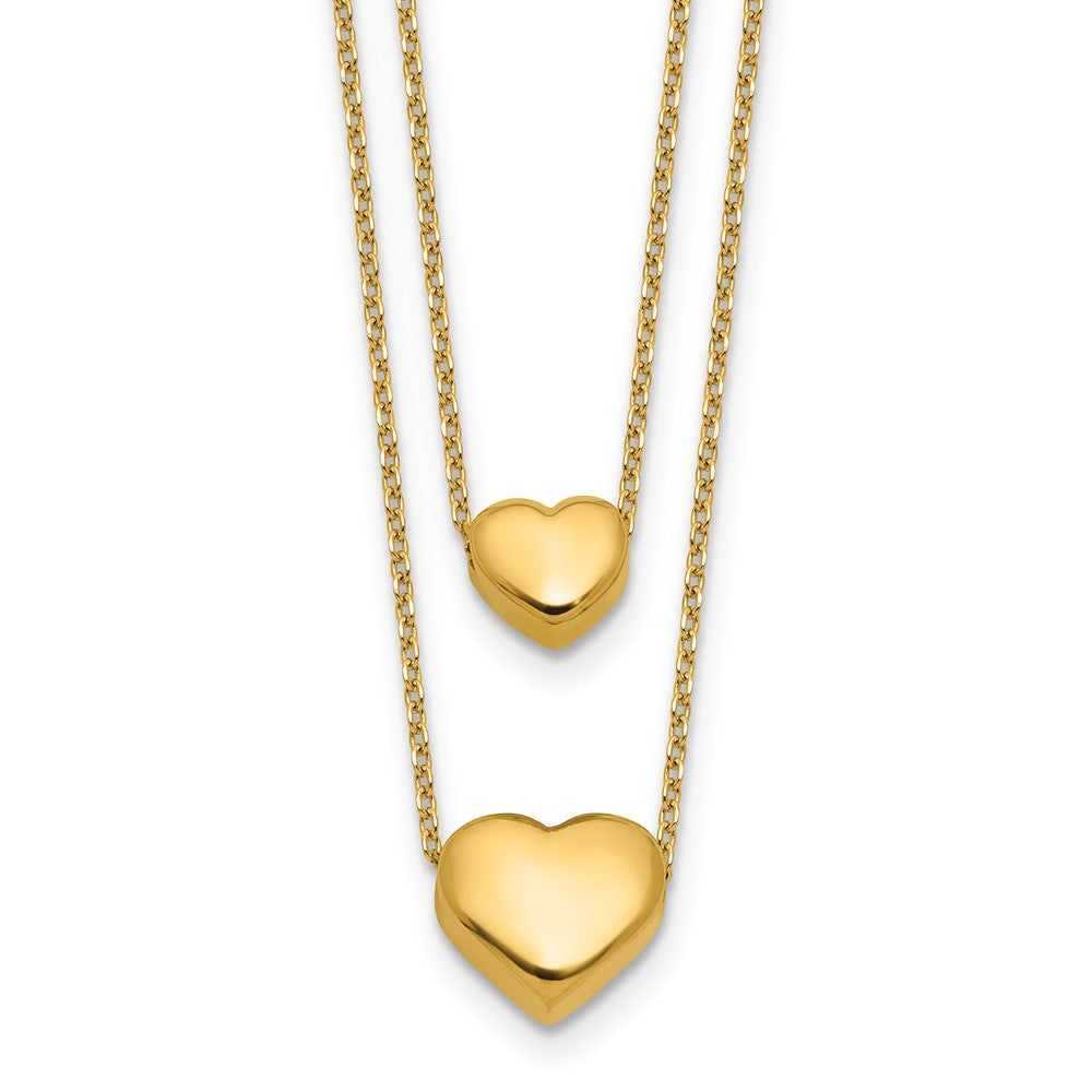 14K Yellow Gold Polished Two Strand Hearts With 1 Inch Ext. Necklace