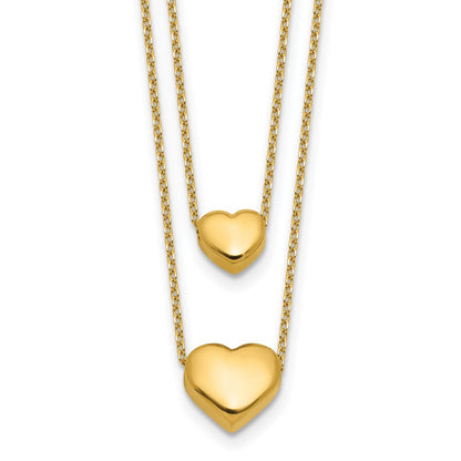 14K Yellow Gold Polished Two Strand Hearts With 1 Inch Ext. Necklace