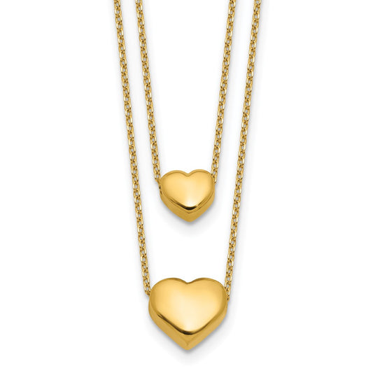 14K Yellow Gold Polished Two Strand Hearts With 1 Inch Ext. Necklace