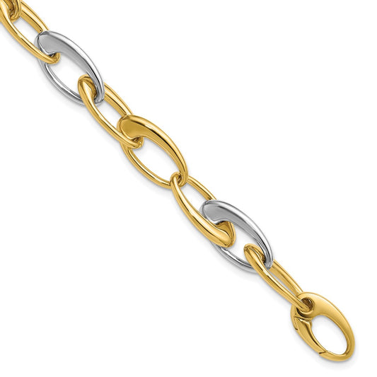 14K Two Tone Polished Tapered Oval Link Bracelet