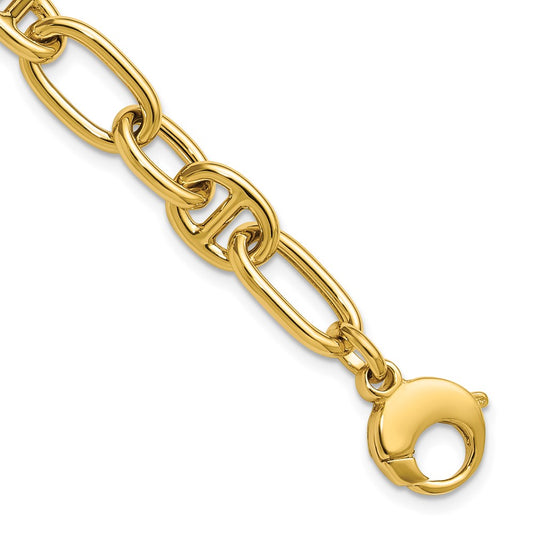 14K Yellow Gold Polished Mixed Oval And Anchor Link Bracelet
