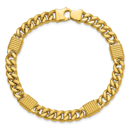 14K Yellow Gold Polished/Grooved Fancy Curb Link Station Men'S Bracelet