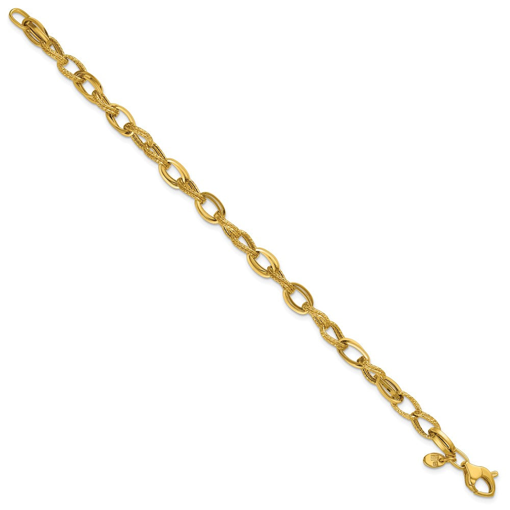 14K Yellow Gold Polished And Textured Fancy Oval Link Bracelet