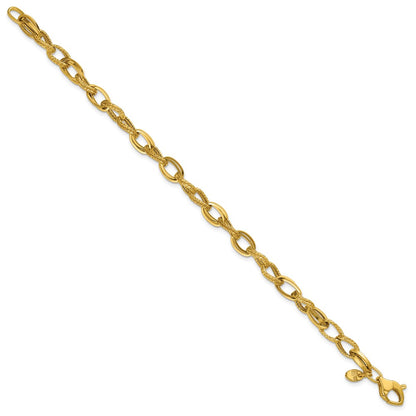 14K Yellow Gold Polished And Textured Fancy Oval Link Bracelet