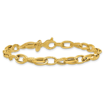 14K Yellow Gold Polished And Textured Fancy Oval Link Bracelet