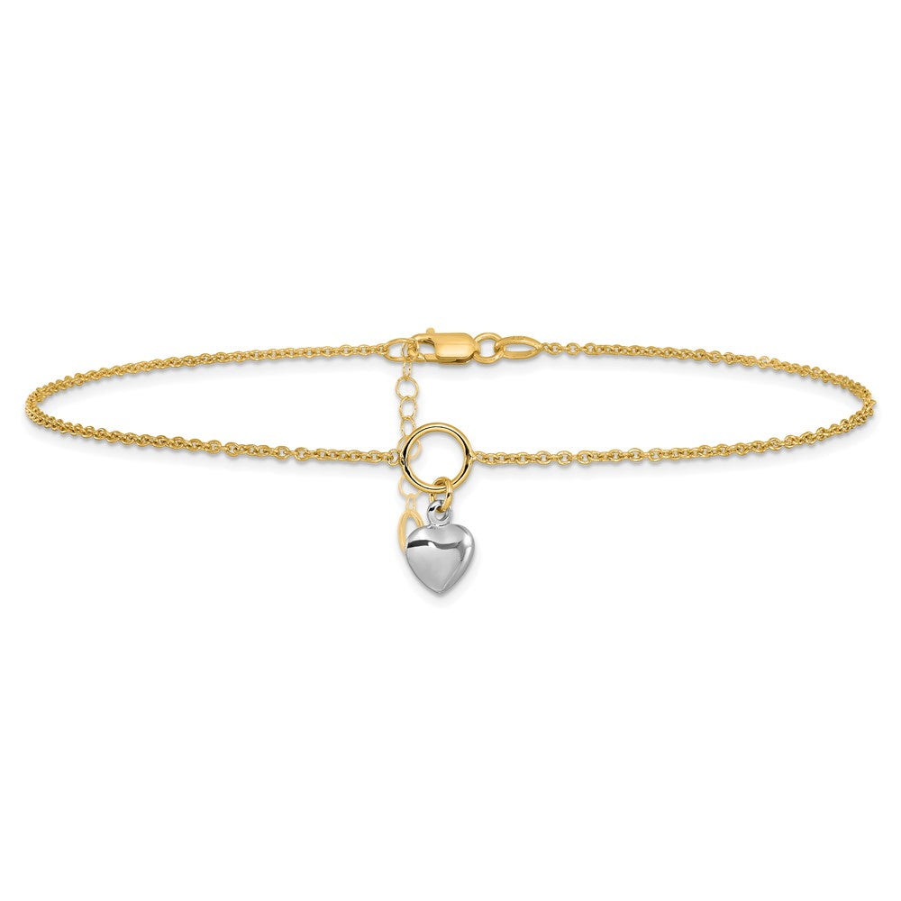 14K Two-Tone Polished Heart W/1In Ext. Anklet