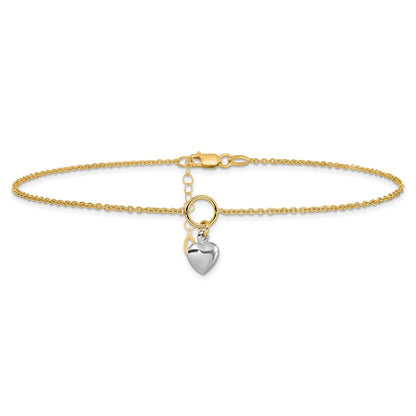 14K Two-Tone Polished Heart W/1In Ext. Anklet