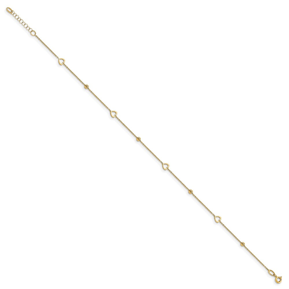 14K Yellow Gold Polished And D/C Heart W/1In Ext. Anklet