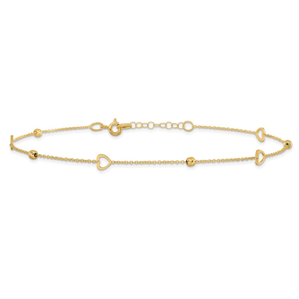 14K Yellow Gold Polished And D/C Heart W/1In Ext. Anklet